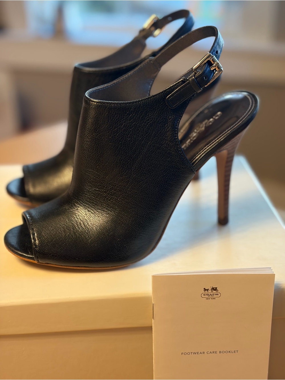 Coach Black Leather Peep-Toe Slingback Mules with Silver Buckle